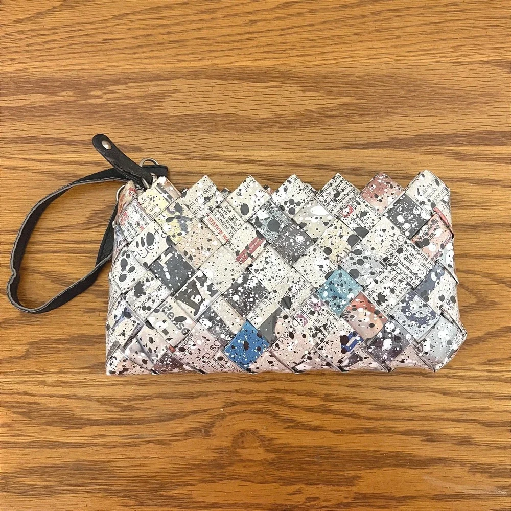 Nahui Ollin Recycled Paper Woven Wristlet Clutch Newspaper Paint Splatter Print